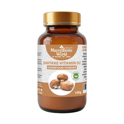 Bottle of Macrobiotic World Shiitake Vitamin D2 Superfood Powder on a white background