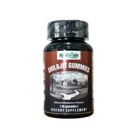 Bottle of Symbiosis Shilajit Gummies dietary supplement on a white background