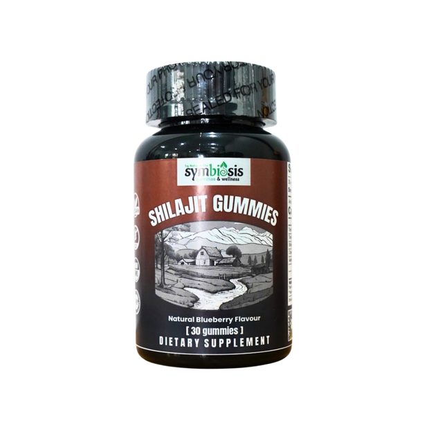 Bottle of Symbiosis Shilajit Gummies dietary supplement on a white background