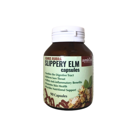 Bottle of Slippery Elm capsules on a white background
