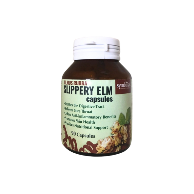 Bottle of Slippery Elm capsules on a white background