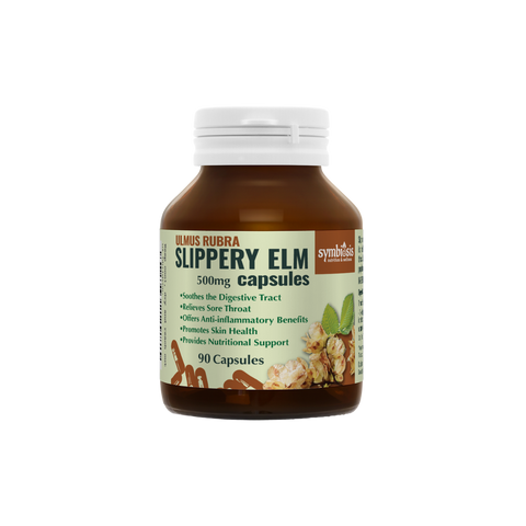 Bottle of Slippery Elm capsules on a white background