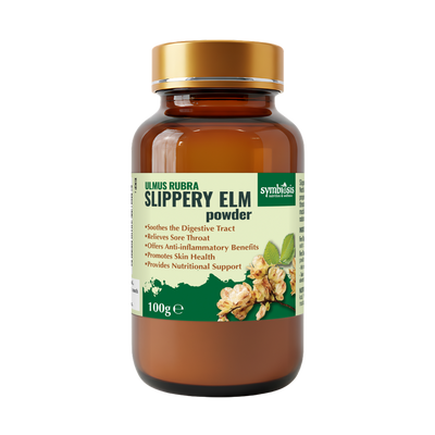 Bottle of Slippery Elm powder with a gold cap on a white background