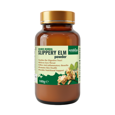Bottle of Slippery Elm powder with a gold cap on a white background