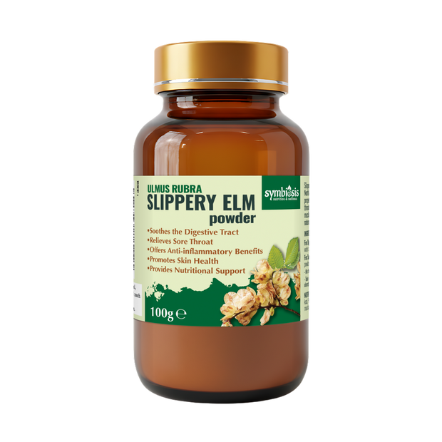 Bottle of Slippery Elm powder with a gold cap on a white background