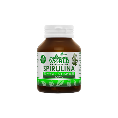 Spirulina supplement bottle with a white background