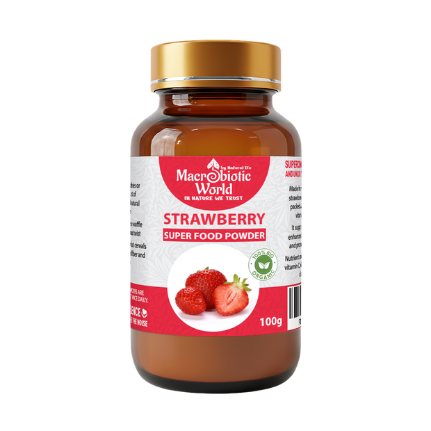 Bottle of Macrobiotic World Strawberry Super Food Powder on a white background