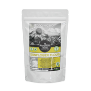 Bag of organic sunflower flour with a label on a white background