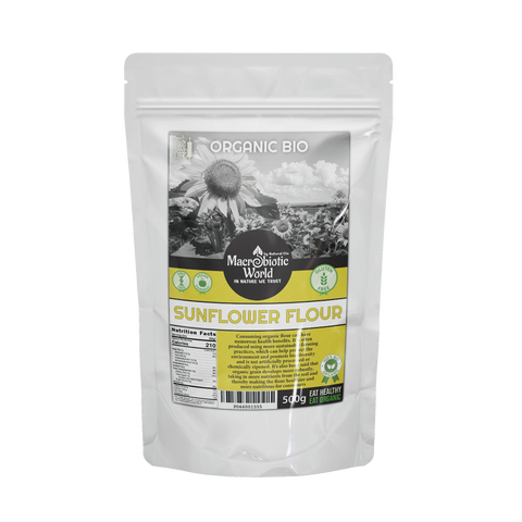 Bag of organic sunflower flour with a label on a white background