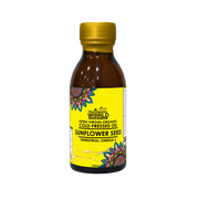 Bottle of sunflower seed oil with a yellow label on a white background