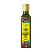 Bottle of sunflower seed oil with a colorful label on a white background