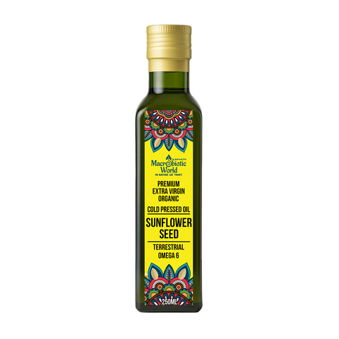 Bottle of sunflower seed oil with a colorful label on a white background