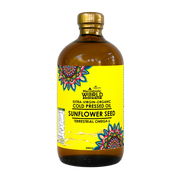 Bottle of sunflower seed oil with a colorful label on a white background