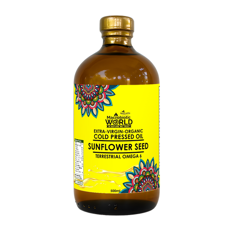 Bottle of sunflower seed oil with a colorful label on a white background