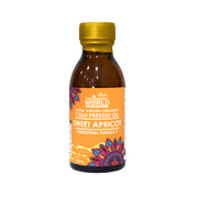 Bottle of sweet apricot oil with a colorful label on a white background