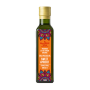 Bottle of Sweet Apricot oil with colorful label on a white background