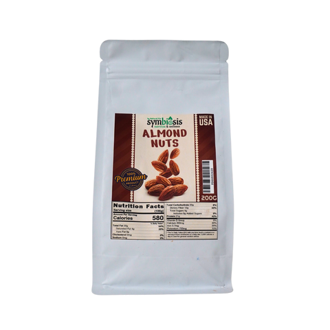 Package of almond nuts with a label on a white background