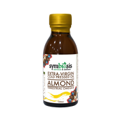 Bottle of Symbiosis Extra-Virgin Cold Pressed Almond Oil on a white background