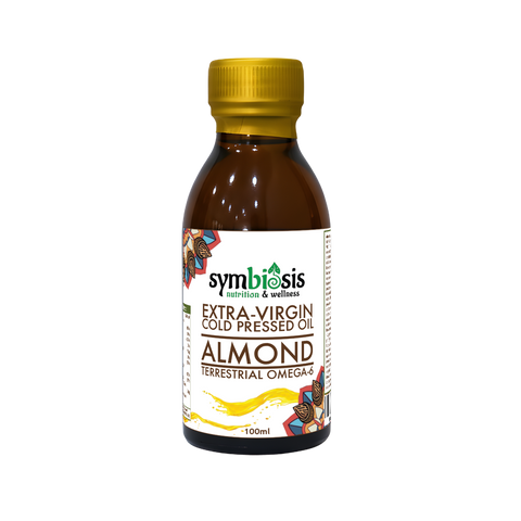 Bottle of Symbiosis Extra-Virgin Cold Pressed Almond Oil on a white background