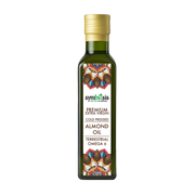 Bottle of Symbiosis Premium Extra Virgin Almond Oil on a white background