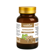 Bottle of Symbiosis Ashwagandha superfood powder on a white background