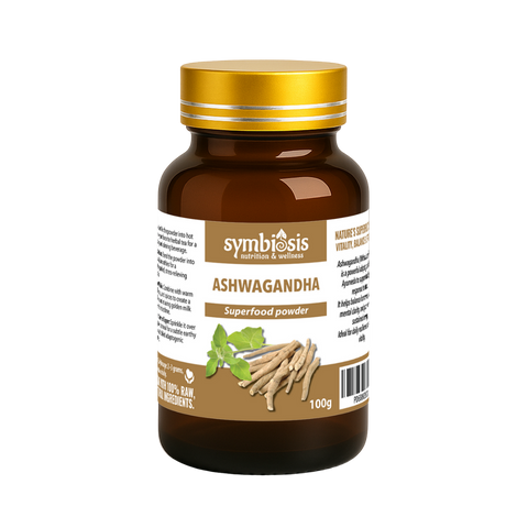 Bottle of Symbiosis Ashwagandha superfood powder on a white background