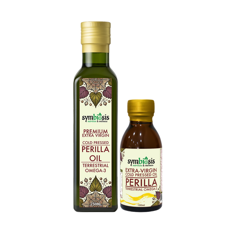 Two bottles of Symbiosis Perilla Oil on a white background
