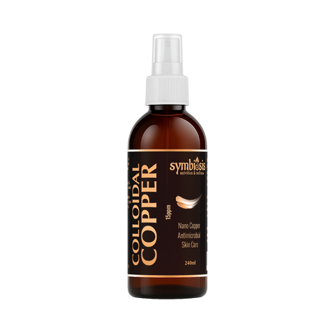 Bottle of Symbiosis Colloidal Copper on a white background
