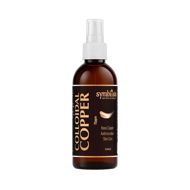 Bottle of Symbiosis Colloidal Copper on a white background