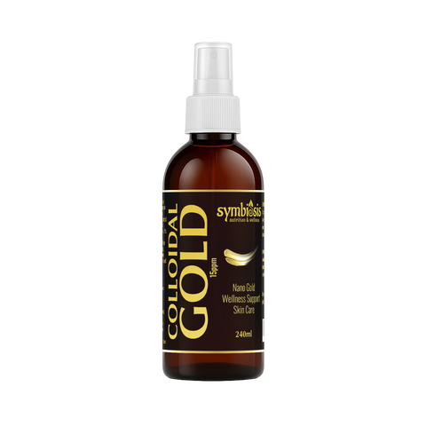 Bottle of Symbiotics Colloidal Gold on a white background