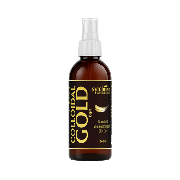 Bottle of Symbiotics Colloidal Gold on a white background