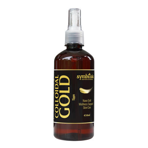 Bottle of Symbiosis Colloidal Gold on a white background