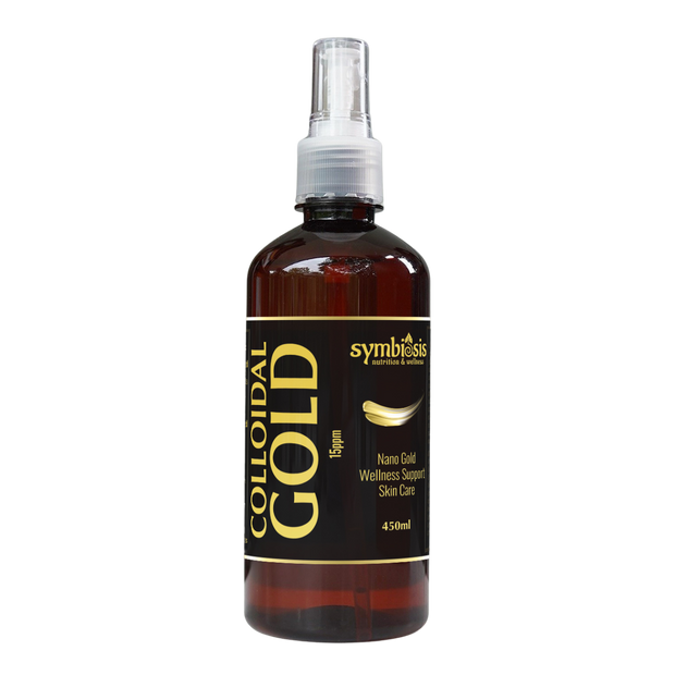 Bottle of Symbiosis Colloidal Gold on a white background