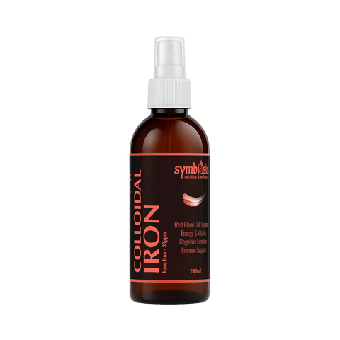 Brown bottle with white spray nozzle labeled 'Colloidal Iron' on a white background