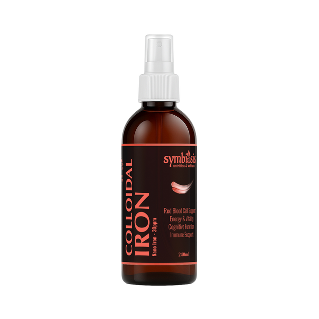 Brown bottle with white spray nozzle labeled 'Colloidal Iron' on a white background