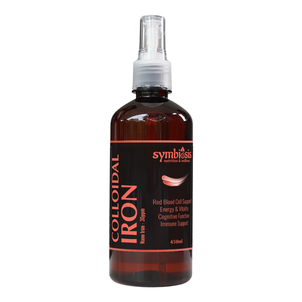 Bottle of Symbiosis Colloidal Iron on a white background
