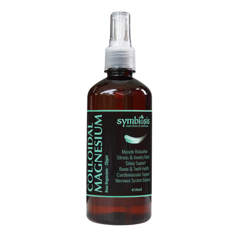 Bottle of Symbiosis Colloidal Magnesium spray on a white background