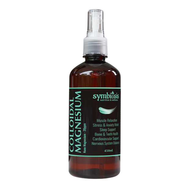 Bottle of Symbiosis Colloidal Magnesium spray on a white background