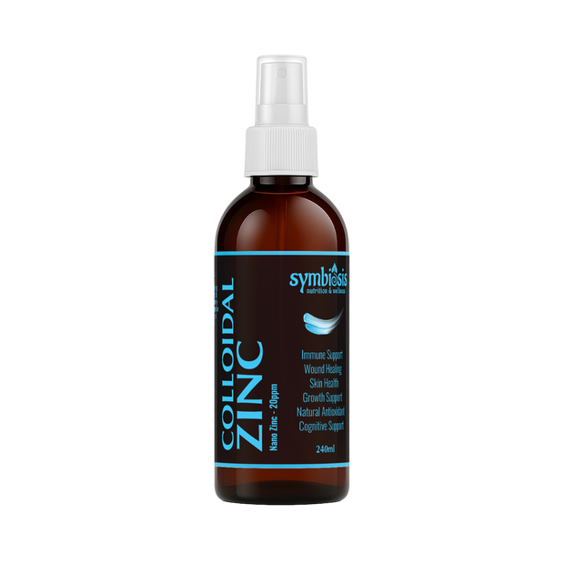 Brown spray bottle of colloidal zinc with white cap on a white background