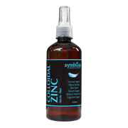Bottle of colloidal zinc spray with Symbiosis label on a white background