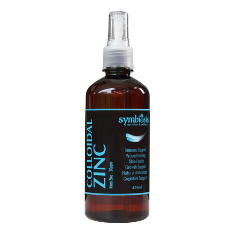 Bottle of colloidal zinc spray with Symbiosis label on a white background