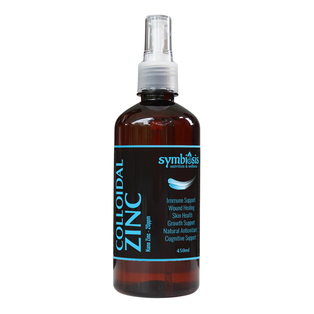 Bottle of colloidal zinc spray with Symbiosis label on a white background