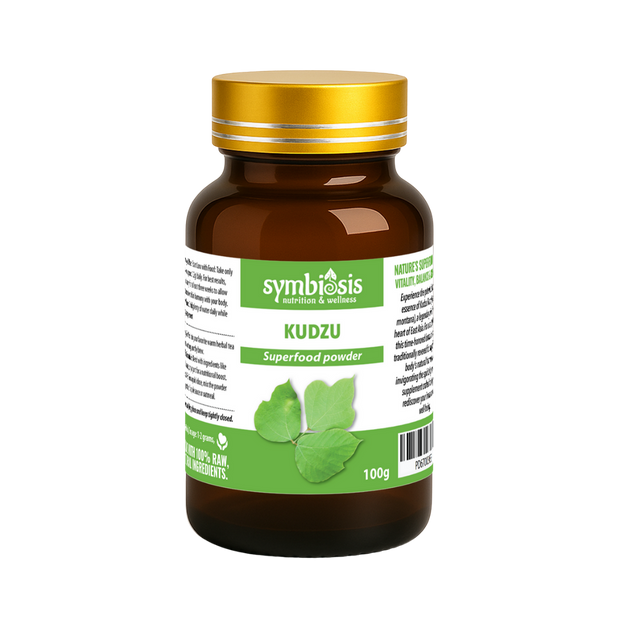 Brown bottle of Symbiosis Kudzu superfood powder with a gold cap on a white background