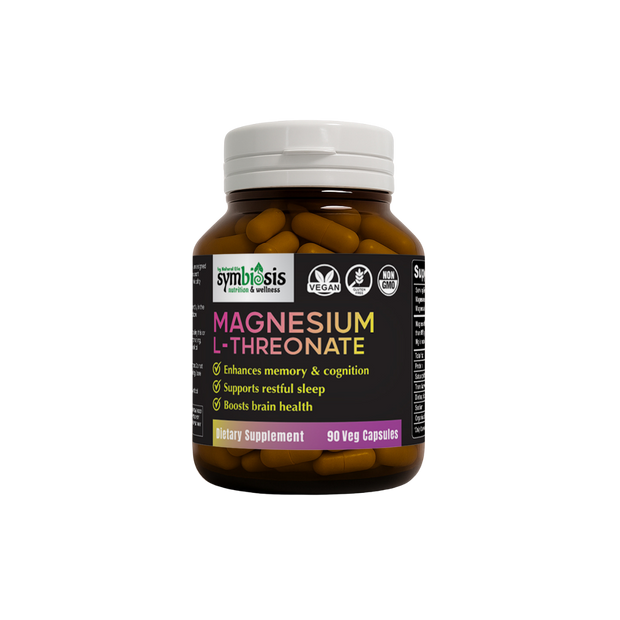 Supplement bottle labeled 'Magnesium L-Threonate' by Symbiosis on a white background