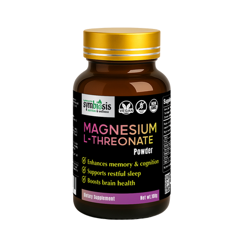 Supplement bottle labeled 'Magnesium L-Threonate Powder' with a gold cap on a white background.