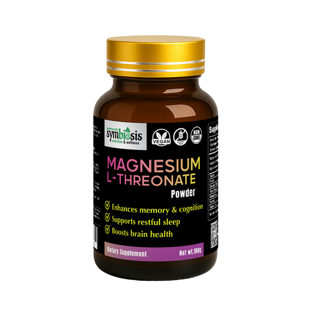 Supplement bottle labeled 'Magnesium L-Threonate Powder' with a gold cap on a white background.
