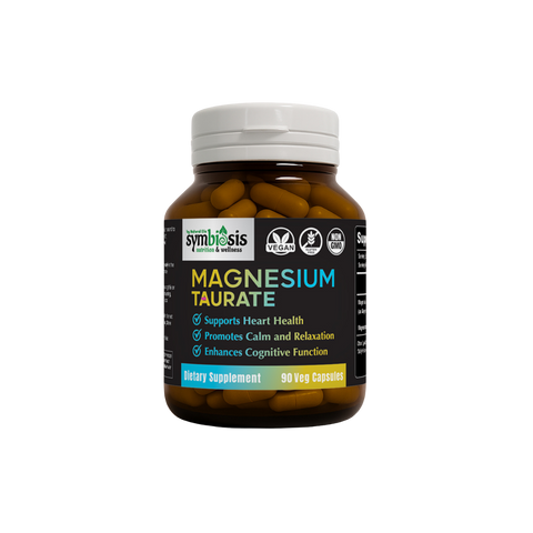 Supplement bottle labeled 'Magnesium Taurate' by Symbiosis on a white background