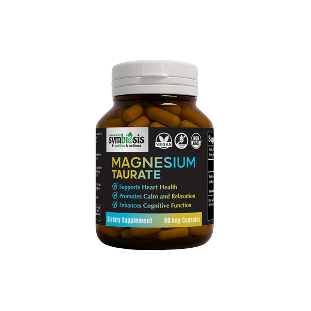 Supplement bottle labeled 'Magnesium Taurate' by Symbiosis on a white background