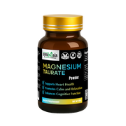 Supplement bottle labeled 'Magnesium Taurate' with a gold cap on a white background