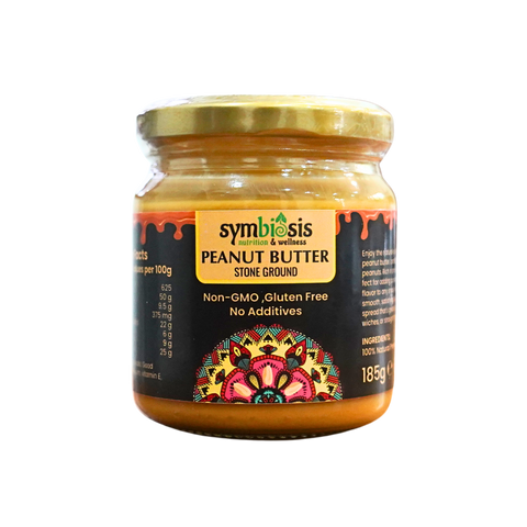 Jar of Symbiosis peanut butter with a colorful label on a white background